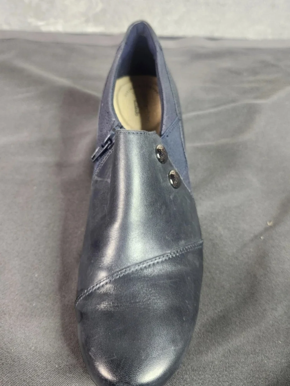 Clarks Navy Leather Low Heel Slip-On Booties